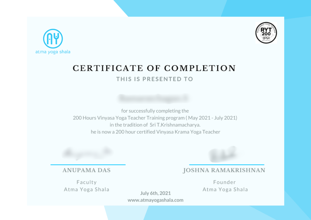 200 Hrs vinyasa Certificate of Completion