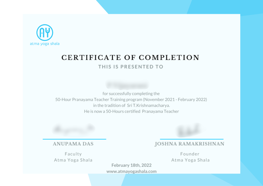 50 Hrs pranayama - Certificate of Completion