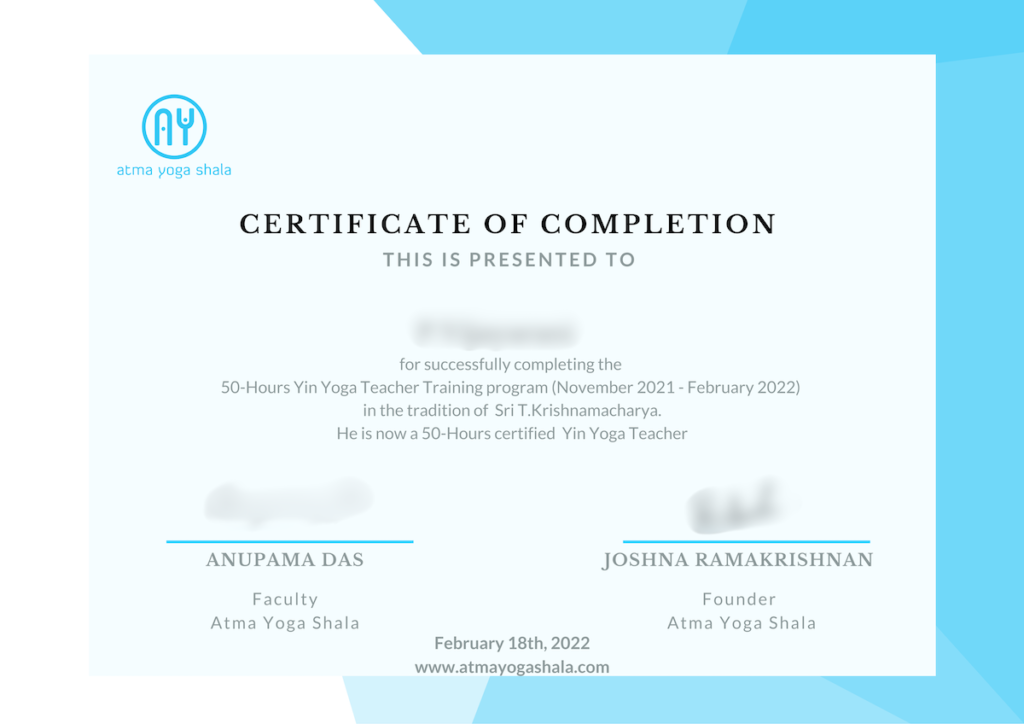 50 Hrs yin yoga Certificate of Completion